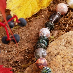 Halskette Herbstgarten, Detailansicht der Glas- und Millefiori-Perlen links oben