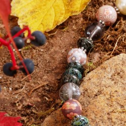 Halskette Herbstgarten, Detailansicht der Glas- und Millefiori-Perlen links oben Halskette Herbstgarten, Detailansicht der Glas- und Millefiori-Perlen links oben