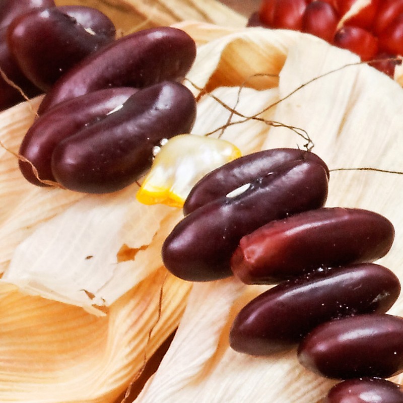 Halskette TexMex, Nahaufnahme der roten Kidneybohnen und sonnengelben Wildshell Halskette TexMex, Nahaufnahme der roten Kidneybohnen und sonnengelben Wildshell