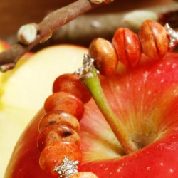 Armband Apfelrot, Detailansicht der Apfelkorallen-Rondelle links