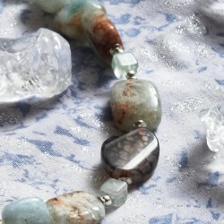 Schmuck-Set Glacier, Nahaufnahme der Kette rechts mit Aquamarin, Schlangenhaut-Achat und Fluorit-Würfeln Schmuck-Set Glacier, Nahaufnahme der Kette rechts mit Aquamarin, Schlangenhaut-Achat und Fluorit-Würfeln