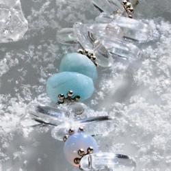Halskette Schneekönigin, Nahaufnahme der Bergkristall-, Aquamarin-, Chalcedon- und Metallperlen links