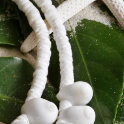 Halskette Maui no ka oi, Nahaufnahme der Muschelscheiben und Schneckenhäuser rechts Halskette Maui no ka oi, Nahaufnahme der Muschelscheiben und Schneckenhäuser rechts