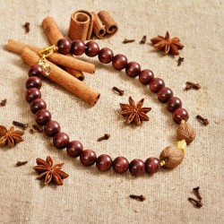 Halskette Muskatnuß, aus dunkelbraun lasierten Holzperlen, vergoldetem Keramikwürfel und echten Muskatnüssen