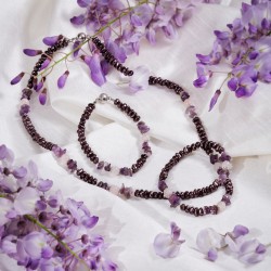 Schmuck-Set Florence aus Gablonzer Glas, Amethyst und Rosenquarz, Gesamtansicht von Halskette und Armband