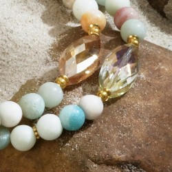 Schmuck-Set Niue aus Amazonit, Kristallperlen und vergoldeten Metallelementen, Nahaufnahme der Halskette vorn